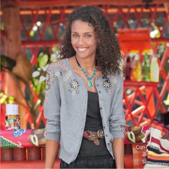 Sundance Sweaters - Sundance Marimba Gray Floral Embroidered
Beaded Gray Cardigan Sweater Medium